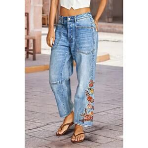 Flamingals Floral Embroidered Barrel Leg Crop Jeans L - Artisan Boutique Denim